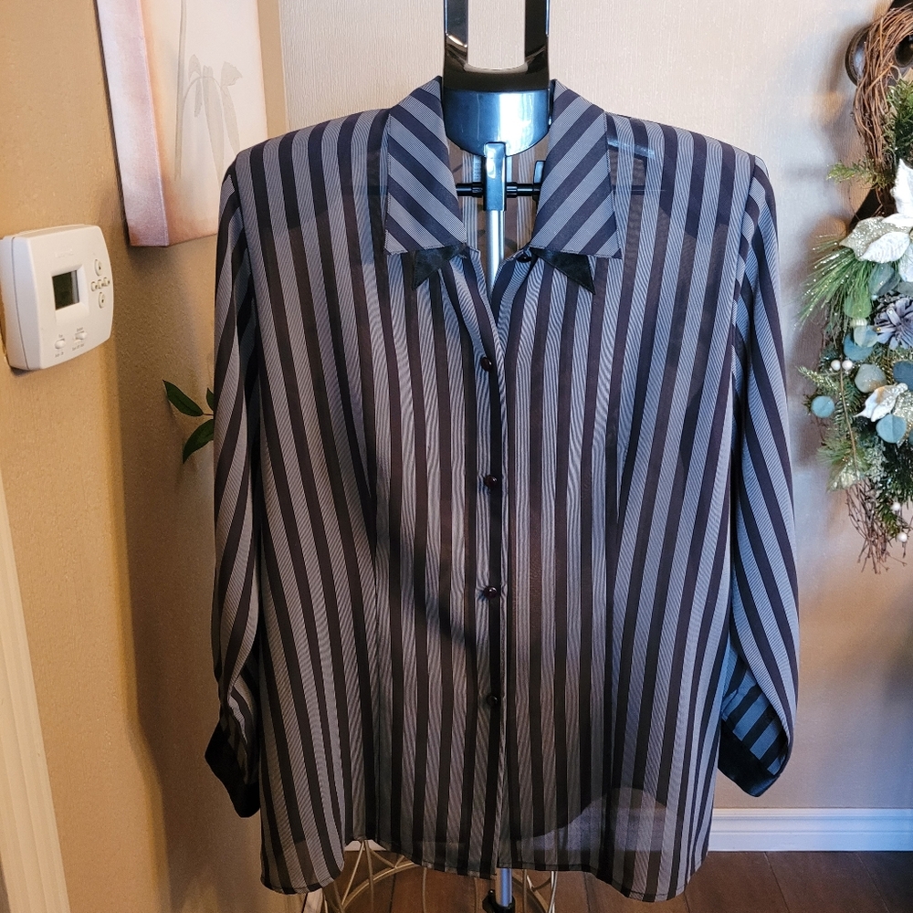 Compliments Womens Striped Sheer Button-Up Blouse
